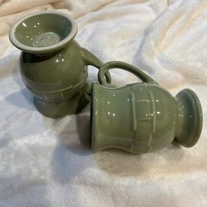 Longaberger Pottery Woven Traditions Latte Pedestal Mugs Sage Green